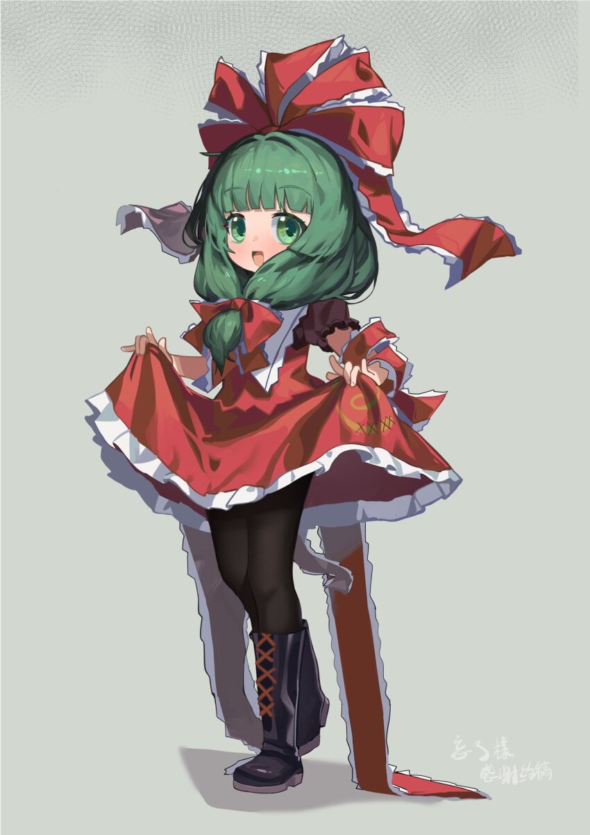 1girl arm_ribbon black_pantyhose blunt_bangs boots bow clothes_lift dress dress_lift front_ponytail green_eyes green_hair hair_ribbon highres hxj_(2324184595) kagiyama_hina long_ribbon looking_at_viewer pantyhose red_bow red_dress red_ribbon ribbon solo touhou