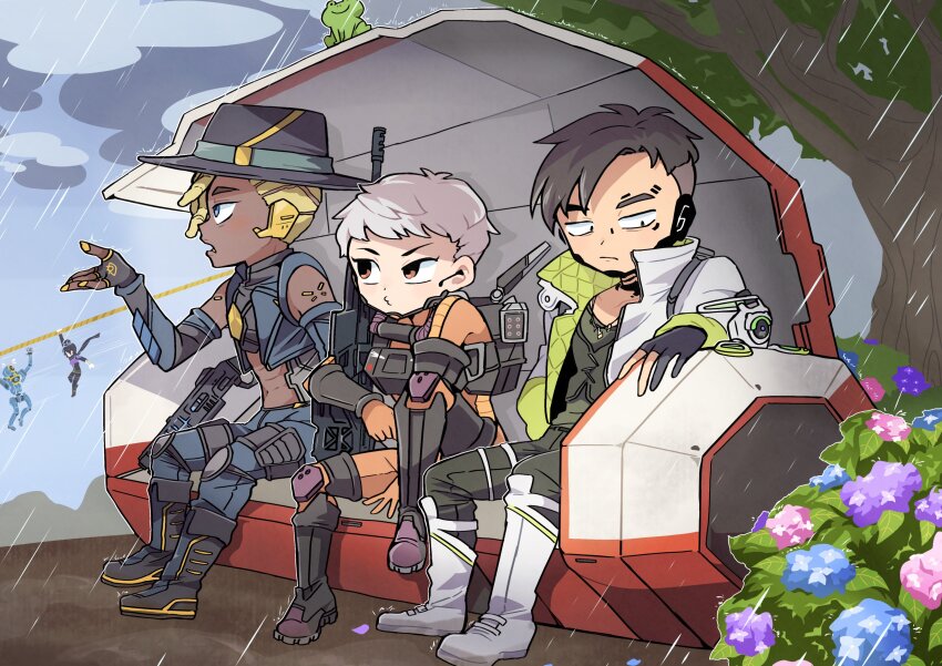 2girls 3boys abs absurdres animification annoyed apex_legends black_footwear black_gloves black_hair black_hat black_pants blonde_hair blue_eyes blue_flower blue_pants bodysuit boots cropped_jacket crypto_(apex_legends) dark-skinned_male dark_skin earpiece fingerless_gloves flower frown gloves green_shirt green_vest grey_hair gun hack_(apex_legends) hat highres holding holding_gun holding_weapon humanoid_robot jetpack jewelry looking_down looking_up multiple_boys multiple_girls navel necklace nojima_minami open_mouth orange_bodysuit pants partially_fingerless_gloves pathfinder_(apex_legends) peacekeeper_(shotgun) pink_flower rain rifle robot sanpaku seer_(apex_legends) shirt shotgun sitting sniper_rifle tree valkyrie_(apex_legends) vest weapon white_footwear wraith_(apex_legends)