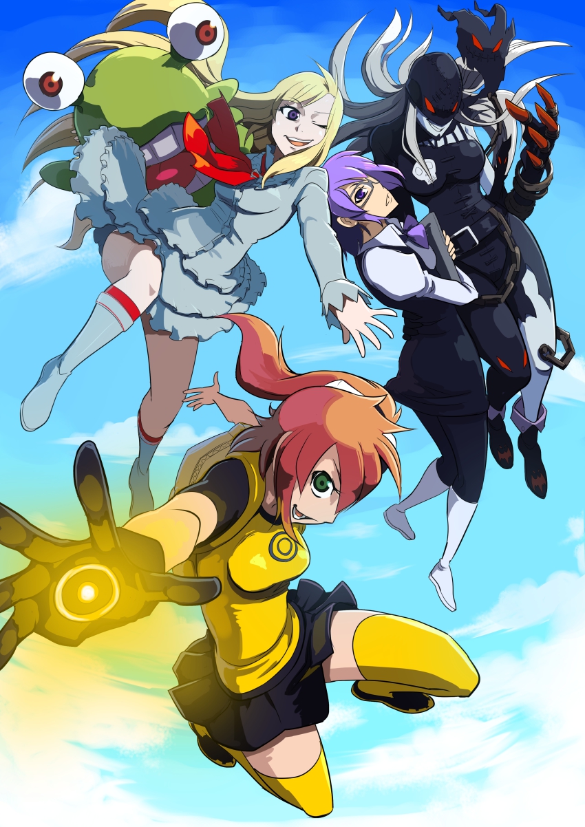 absurdres aiba_ami bandai_namco blonde_hair boots claws cloud demon_girl digimon digimon_story:_cyber_sleuth digimon_world_re:digitize emilie_de_rochefort female_focus highres ladydevimon legs long_hair mikagura_mirei monster multiple_girls numemon riza23 short_hair sky smile tekken thighs tongue torn_clothes