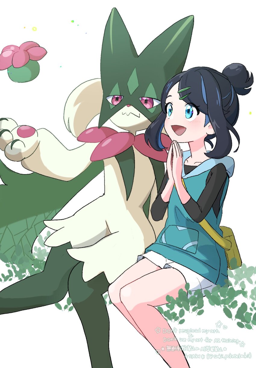 1girl :d black_hair black_shirt blue_eyes blue_hoodie creatures_(company) game_freak hair_bun hair_ornament hairclip highres hood hoodie liko_(pokemon) looking_at_another meowscarada multicolored_hair nintendo open_mouth own_hands_together pokemon pokemon_(anime) pokemon_(creature) pokemon_horizons saki_pokeoekaki shirt short_hair shorts sleeveless sleeveless_hoodie smile two-tone_hair white_shorts