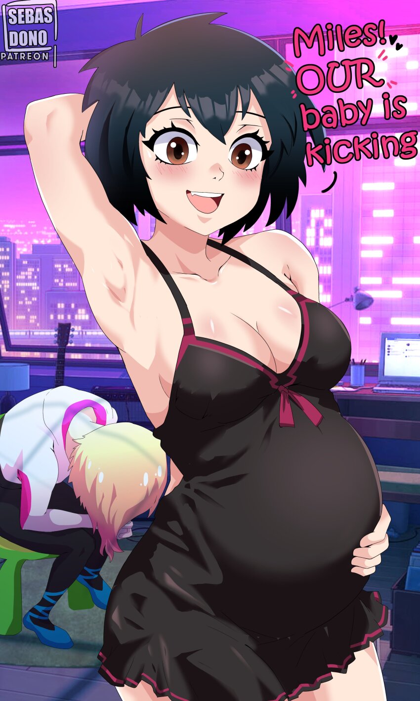 2girls absurdres arm_up armpits bare_shoulders black_dress black_hair black_pants blonde_hair blue_footwear blush breasts brown_eyes cleavage dress highres leggings looking_at_viewer marvel multiple_girls pants peni_parker pregnant sebasdono shoes short_hair sleeveless sleeveless_dress spaghetti_strap spider-gwen spider-man:_across_the_spider-verse spider-man_(series) spider-verse stool