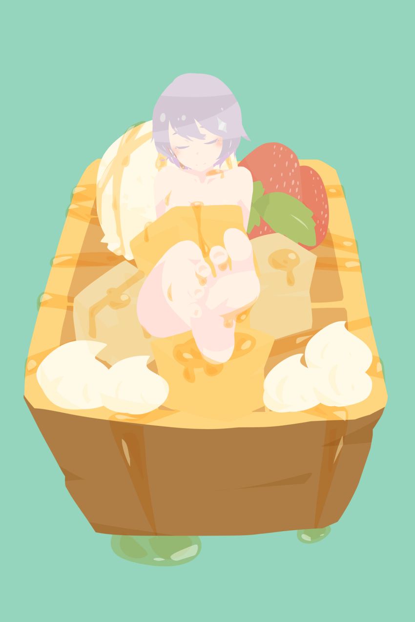 1girl barefoot blue_background bread closed_eyes closed_mouth commentary_request food fruit full_body grey_hair hara_id_21 highres ice_cream morohoshi_subaru no_lineart nude short_hair simple_background smile soles solo station_memories strawberry syrup toes whipped_cream