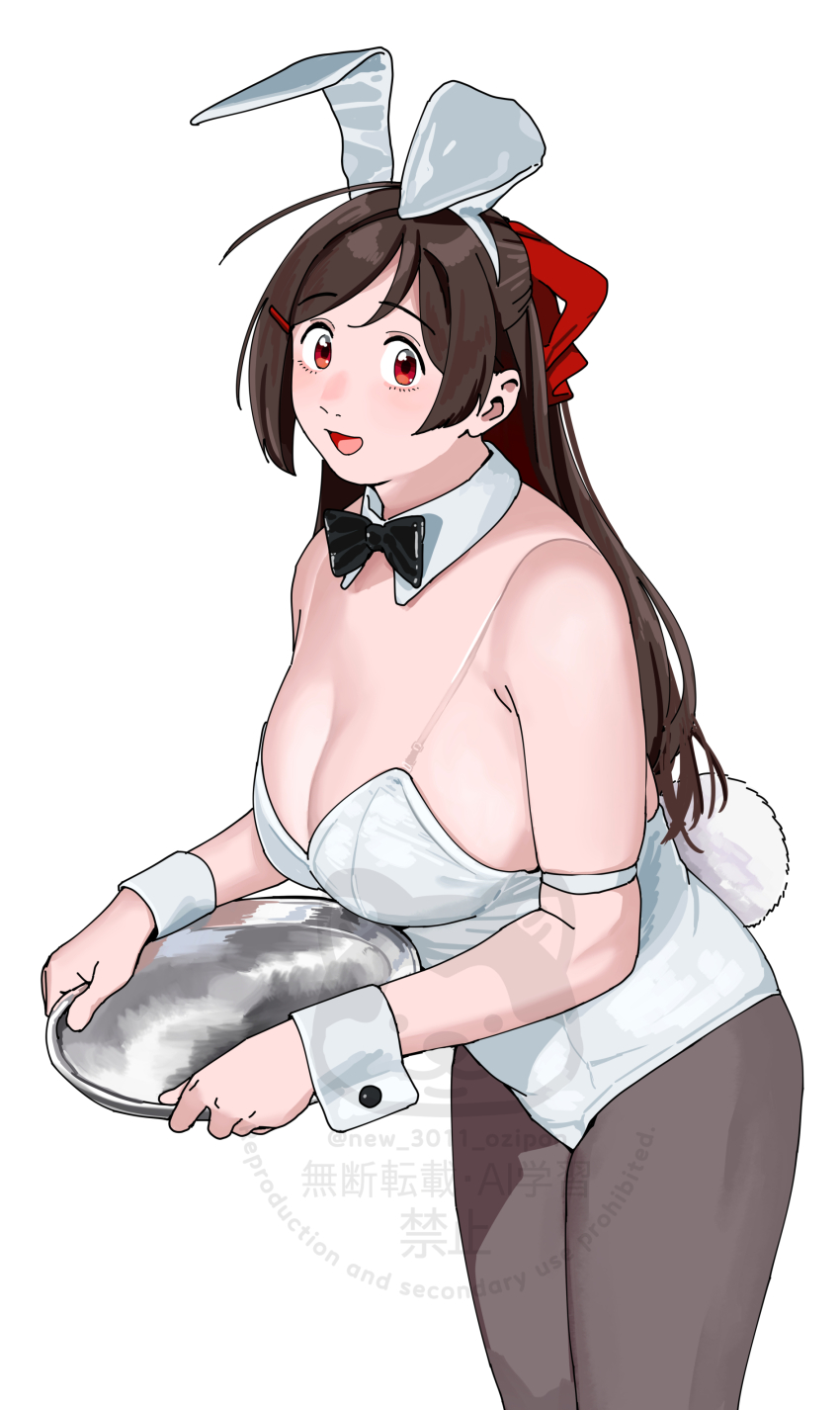 1girl absurdres animal_ears black_pantyhose bow bowtie breasts brown_hair cleavage detached_collar highres holding holding_tray kantai_collection large_breasts leotard long_hair mamiya_(kancolle) ojipon pantyhose playboy_bunny plump rabbit_ears rabbit_tail red_bow red_bowtie red_eyes simple_background tail tray watermark white_background wrist_cuffs