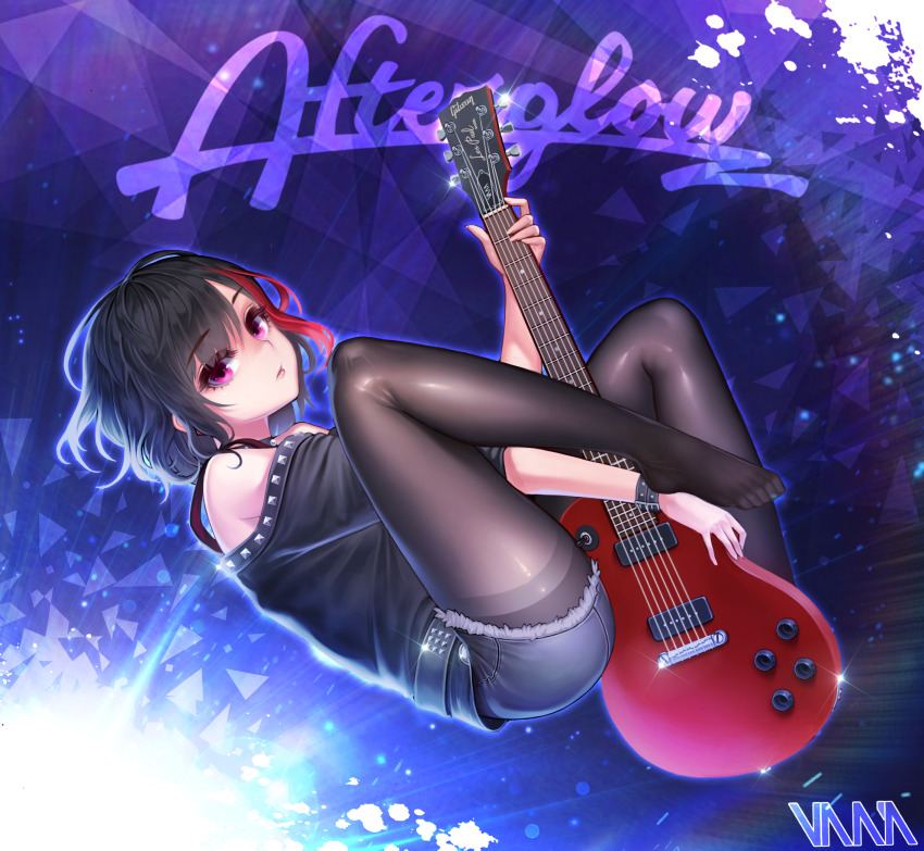 1girl bang_dream! bare_shoulders belt black_hair black_pantyhose blue_shorts collar denim denim_shorts electric_guitar feet female_focus gibson_les_paul guitar highres instrument mitake_ran multicolored_hair no_shoes pantyhose pantyhose_under_shorts red_eyes red_hair short_hair shorts signature solo streaked_hair studded_collar vana