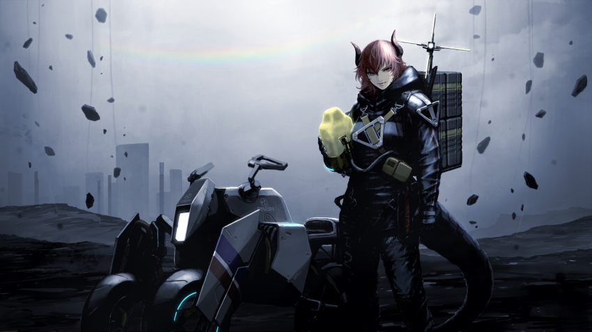 1girl all-terrain_vehicle arm_at_side backpack bag black_gloves cosplay day death_stranding dola_(nijisanji) gloves grey_sky highres holding horns long_hair looking_at_viewer motor_vehicle nijisanji outdoors red_hair sam_porter_bridges sam_porter_bridges_(cosplay) sky standing vehicle virtual_youtuber yoshi_(houndbell)