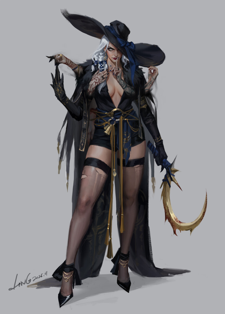1girl absurdres arm_tattoo black_thighhighs bow braid breasts cleavage closed_mouth extra_arms gloves hand_tattoo hat high_heels highres jewelry jingyu_wen large_hat looking_at_viewer medium_breasts original shoes simple_background smile solo stiletto_heels tattoo thighhighs torn_clothes torn_thighhighs white_eyes white_hair witch witch_hat zettai_ryouiki