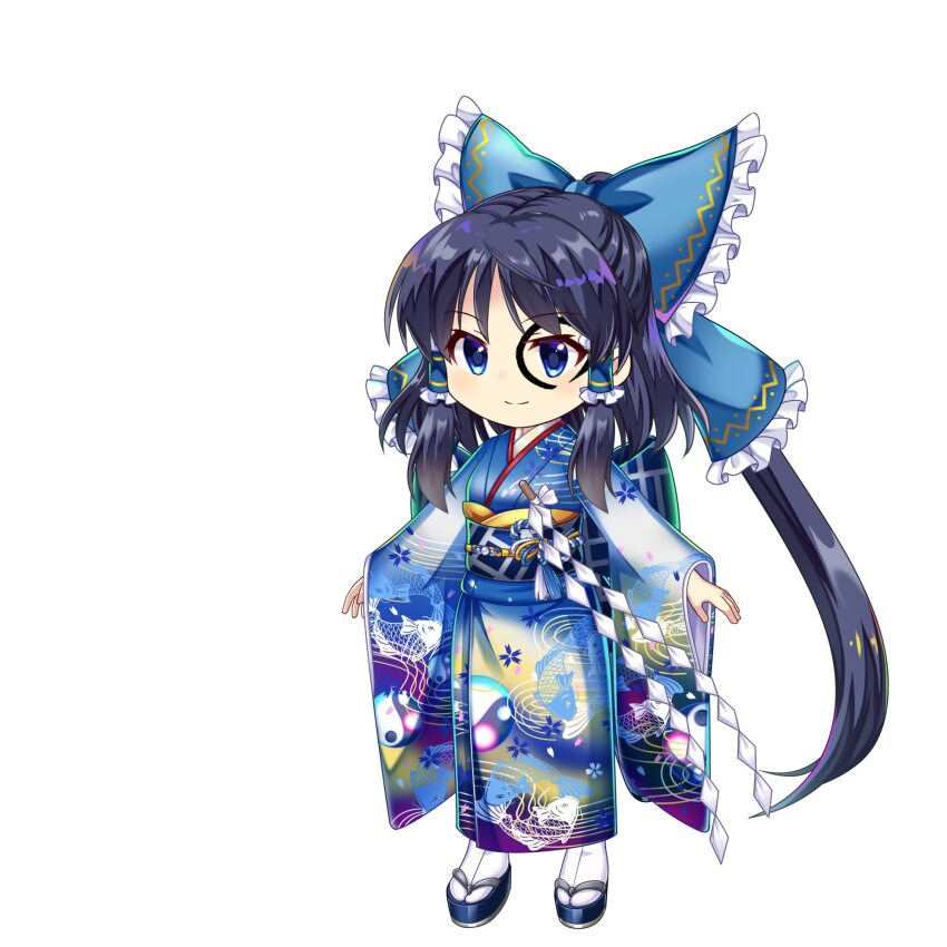 1girl a-pose alternate_color alternate_costume animal_print black_hair blue_bow blue_kimono bow chibi closed_mouth drawing_on_another&#039;s_face egasumi fish_print flower frilled_bow frilled_hair_tubes frills furisode game_cg gohei hagoita hair_bow hair_tubes hakurei_reimu hakurei_reimu_(god-summoning_shaman) highres japanese_clothes kadomatsu kimono long_hair long_sleeves obi obiage obijime official_art okobo paddle petal_print platform_sandals print_kimono rotte_(1109) sandals sash smile sprite third-party_source touhou touhou_lostword white_flower wide_sleeves yin_yang yin_yang_print