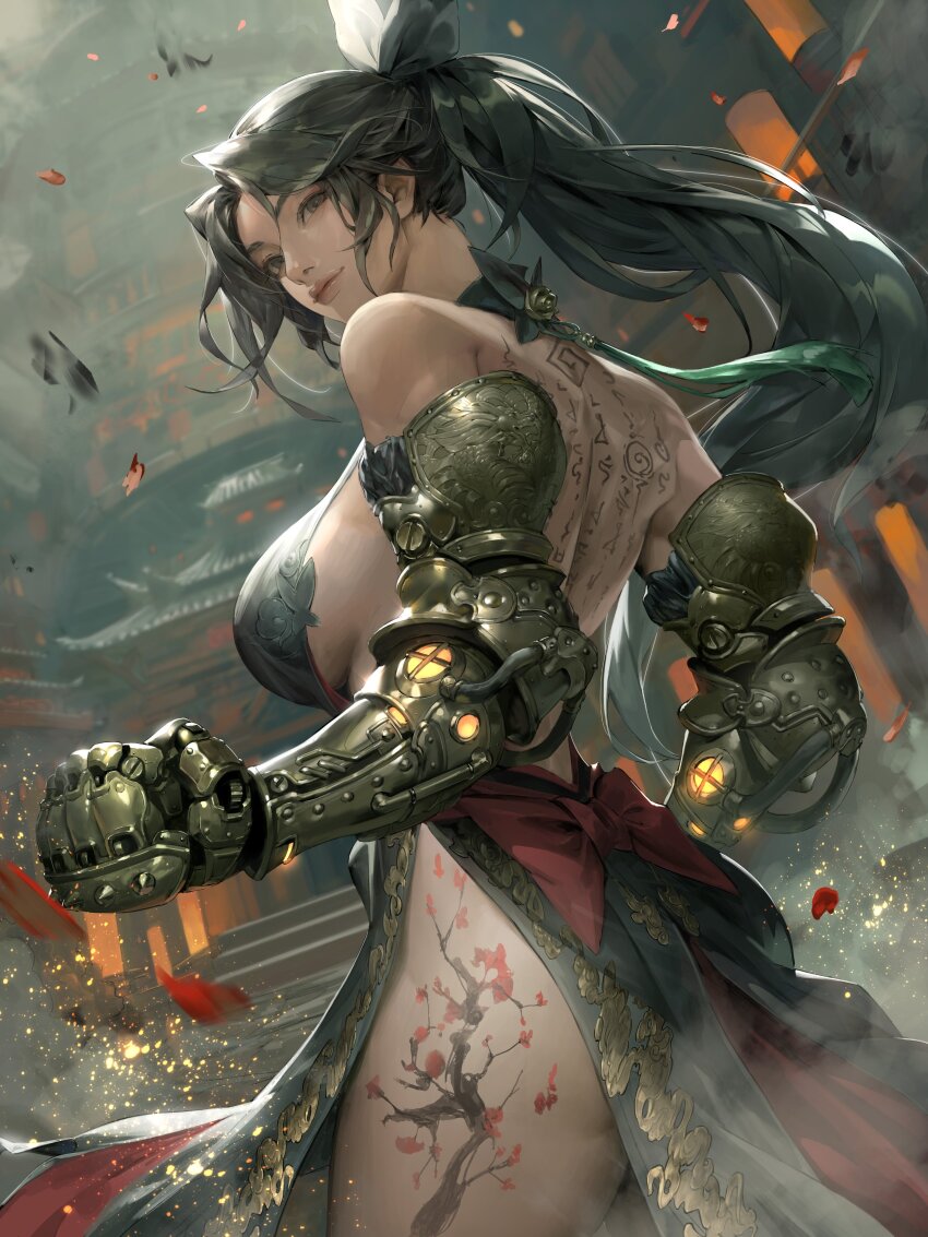 1girl absurdres bare_back bare_shoulders black_dress black_hair black_ribbon breasts building clenched_hand closed_mouth commentary cowboy_shot dress english_commentary falling_petals freya:_the_starfall from_side grey_eyes groin highres jung_wonjo katarina_(freya:_the_starfall) large_breasts leg_tattoo light_particles long_hair looking_to_the_side mechanical_arms outdoors petals ponytail red_ribbon ribbon sideboob smoke solo standing tattoo thick_thighs thighs