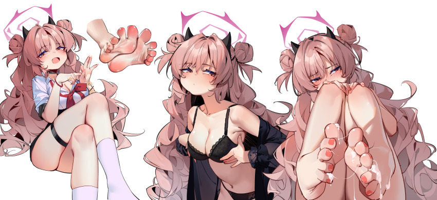 1girl absurdres barefoot blue_archive blush bra breasts brown_hair cleavage crossed_legs feet hands_on_own_knees highres kirara_(blue_archive) long_hair looking_at_viewer open_mouth painterliuhao panties penetration_gesture red_eyes socks soles suggestive_fluid toes underwear white_socks