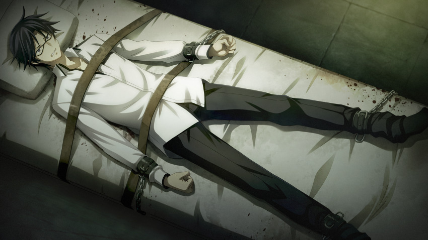 1boy angry asylum_(location) bed bed_sheet bedroom black_pants black_socks blanket blood blood_on_bed blue_hair chain chained chained_legs chained_wrists chaos;child chaos;child_love_chu_chu!! clenched_hands clenched_teeth collarbone collared_shirt floor furrowed_brow game_cg glasses hekiho_academy hekiho_academy_school_uniform highres hospital hospital_bed immobilization indoors kidnapped lying male_focus messy_hair miyashiro_takuru no_shoes non-web_source official_art on_back on_bed open_collar pants pillow purple_eyes restrained sasaki_mutsumi school_uniform shirt short_hair socks stationary_restraints teeth tiles white_shirt wooden_floor