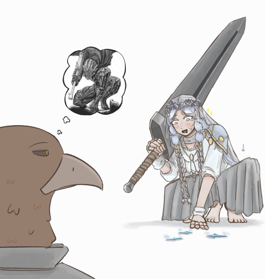 1boy 1girl armor barefoot berserk black_cape blue_eyes braid cape doll_joints dragonslayer_(sword) elden_ring elden_ring_nightreign from_side grey_skirt guardian_(elden_ring) guts_(berserk) head_wreath helmet highres jewelry johnholl0w joints looking_down low_twin_braids meme_inset mirror open_mouth reference_inset revenant_(elden_ring) skirt speech_bubble squatting thought_bubble twin_braids white_background white_hair
