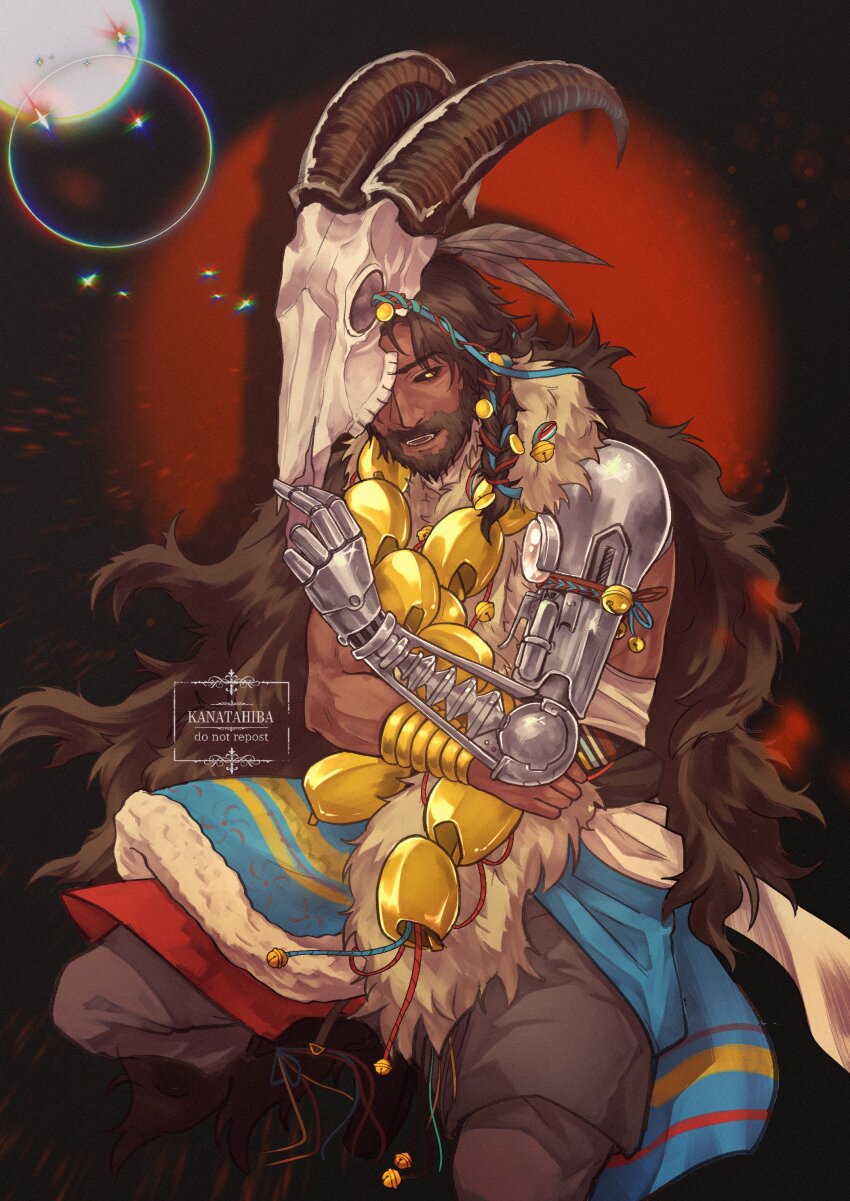 1boy absurdres animal_skull artist_name beard black_background black_sclera bracelet brown_hair brown_pants colored_sclera dark-skinned_male dark_skin facial_hair fur_scarf highres holding holding_mask jewelry kanatahiba long_hair looking_at_viewer male_focus mask mask_on_head mature_male mechanical_arms muscular muscular_male mustache necklace open_mouth pants prosthesis prosthetic_arm reverse:1999 shamane single_mechanical_arm skull_mask solo squatting teeth very_long_hair yellow_eyes