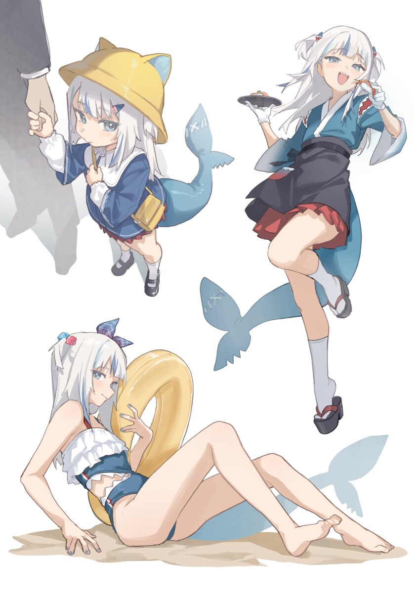 absurdres ass barefoot bikini blue_nails blue_one-piece_swimsuit child cube_hair_ornament feet fins fish_tail food formal_clothes frilled_bikini frills gawr_gura gloves hair_ornament hairclip hat highres holding holding_food hololive hololive_english innertube japanese_clothes kindergarten_uniform legs looking_at_viewer mary_janes midori_fufu multicolored_hair multiple_views nail_polish okobo one-piece_swimsuit open_mouth platform_sandals sand sandals shark_girl shark_hair_ornament shark_tail shoes simple_background sitting smile socks soles streaked_hair suit sushi swim_ring swimsuit tabi tail thighs toes virtual_youtuber white_background white_gloves white_socks wide_sleeves yellow_bag yellow_hat