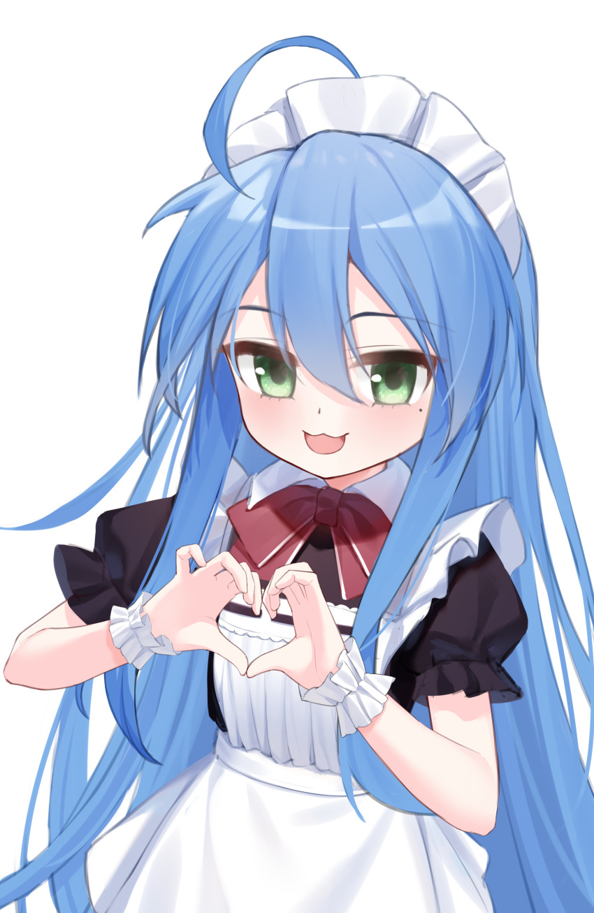 1girl :3 :d absurdres ahoge alternate_costume apron black_dress blue_hair blush bow bowtie commentary_request dress enmaided frilled_wristband heart heart_hands highres izumi_konata long_hair looking_at_viewer lucky_star maid maid_apron maid_headdress mole mole_under_eye open_mouth puffy_short_sleeves puffy_sleeves red_bow red_bowtie short_sleeves simple_background smile solo straight_hair very_long_hair white_apron white_background wlswlp