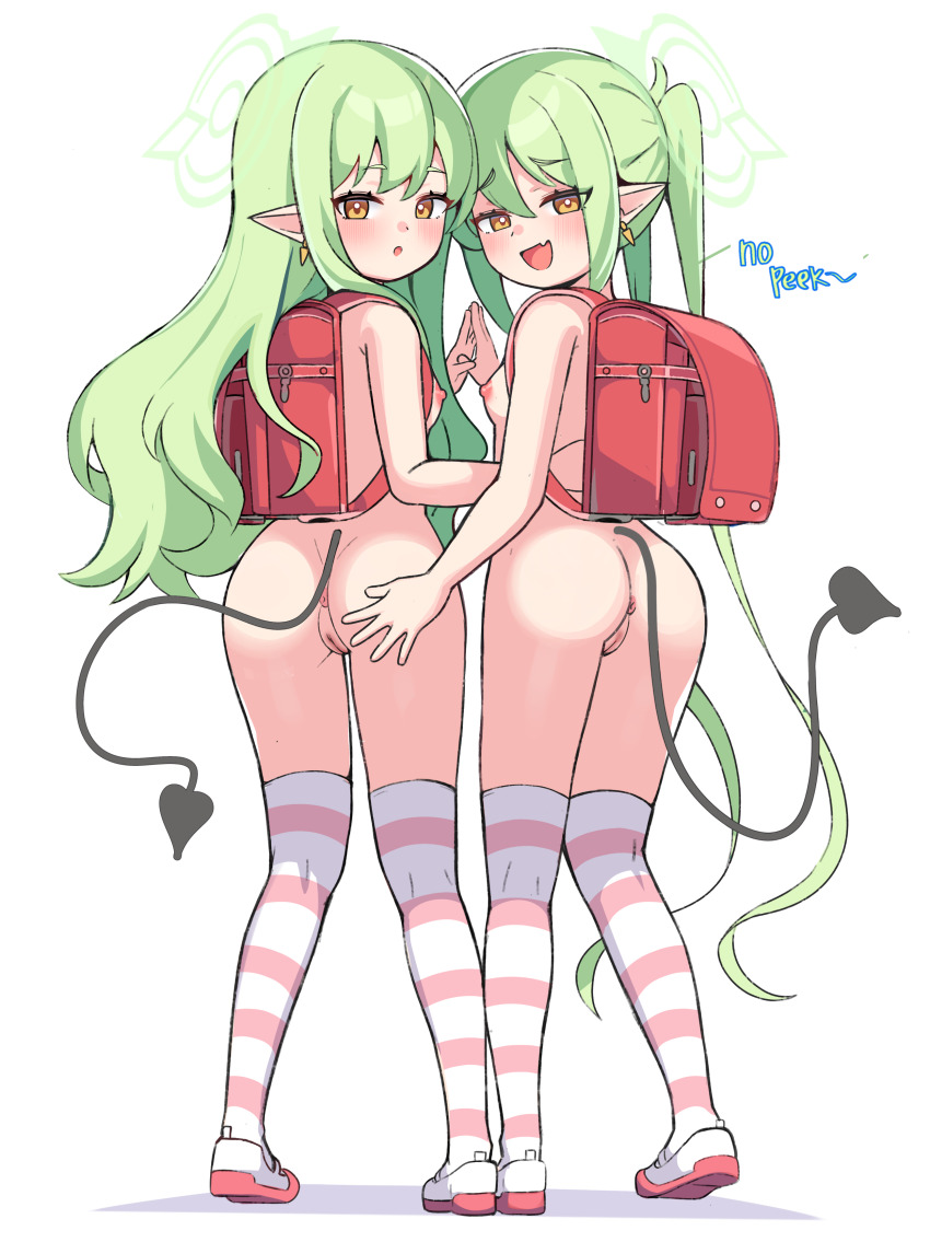 2girls absurdres ass blue_archive female_focus from_behind grabbing_another&#039;s_ass groping highres hikari_(blue_archive) incest legs loli multiple_girls nozomi_(blue_archive) pussy shoes siblings sisters standing striped_clothes striped_thighhighs tail thighhighs thighs vieru2n yuri