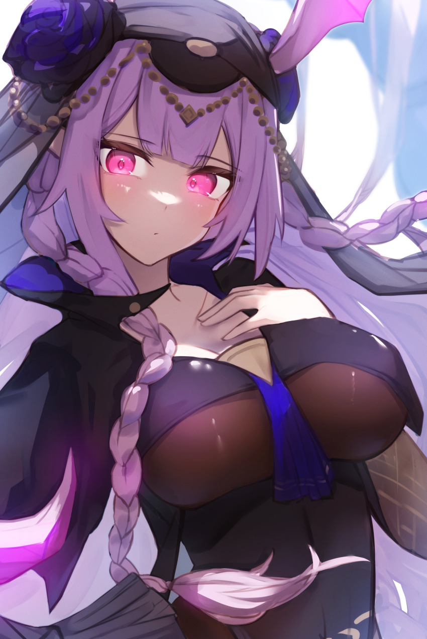 1girl absurdres arknights black_bodysuit black_flower black_rose bodysuit braid breasts cleavage closed_mouth flower hair_flower hair_ornament hands_on_own_chest head_wings highres large_breasts long_hair looking_at_viewer manticore_(arknights) manticore_(under_a_veil)_(arknights) official_alternate_costume pink_eyes purple_hair rose solo twin_braids upper_body veil very_long_hair wings worimehl