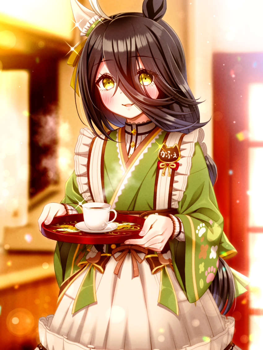 1girl ahoge black_hair blush cup ear_covers flat_chest green_kimono green_ribbon hair_between_eyes hair_ribbon hands_up highres holding holding_tray japanese_clothes kimono long_hair long_hair_between_eyes long_sleeves manhattan_cafe_(umamusume) manhattan_cafe_(verdant_night)_(umamusume) multicolored_hair parted_lips plate ribbon single_ear_cover skirt smile solo steam steaming_cup sugimotty_nova tray umamusume very_long_hair white_hair white_skirt wide_sleeves yellow_eyes