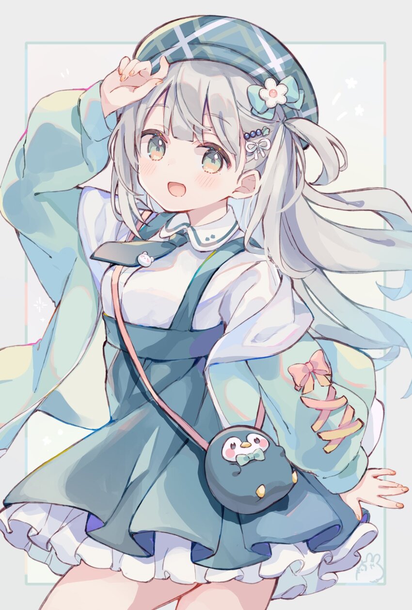 1girl arm_up beret blue_skirt bow cardigan collared_shirt double-parted_bangs dress_shirt frilled_skirt frills green_eyes grey_hair hair_bow hair_ornament hairclip hat high-waist_skirt highres light_blush long_hair necktie one_side_up open_mouth original penguin_bag plaid_clothes plaid_headwear sencha_(senta_10) shirt skirt smile solo suspender_skirt suspenders white_shirt