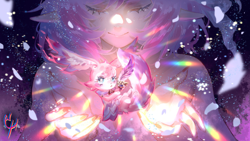 1girl blue_eyes closed_eyes closed_mouth coconuthound commentary cyrene_(honkai:_star_rail) english_commentary feathers highres honkai:_star_rail honkai_(series) mem_(honkai:_star_rail) nude pink_hair pointy_ears short_hair signature star-shaped_pupils star_(symbol) symbol-shaped_pupils tail upper_body