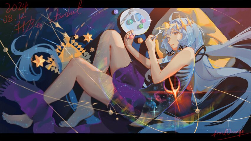 1girl 2024 barefoot candy character_name commentary dated dress english_commentary fanghx fingernails food fork full_body happy_birthday highres holding holding_fork lips nail_polish plate purple_nails purple_scarf quad_tails scarf signature solo sparkle stellated_octahedron synthesizer_v thighs toenail_polish toenails vocaloid white_hair xingchen yellow_eyes