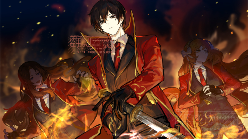 1boy 2girls black_eyes black_gloves black_hair blue_eyes brown_hair coat collared_shirt cowboy_shot dao_(weapon) fingerless_gloves fire floating_hair gloves gold_trim highres holding holding_sword holding_weapon ishmael_(project_moon) jacket limbus_company liu_association_south_uniform long_hair looking_at_viewer multiple_girls necktie nishikujic open_mouth parted_bangs project_moon red_coat red_jacket red_necktie rodion_(project_moon) shirt smile sword very_long_hair weapon white_shirt yi_sang_(project_moon)