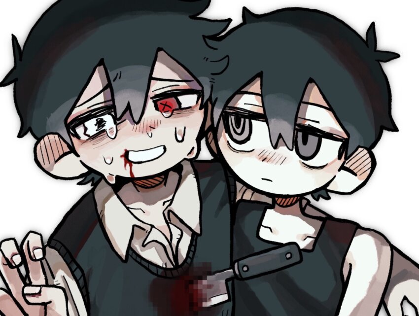2boys alternate_eye_color antenna_hair black_hair black_sweater_vest black_tank_top blood blood_on_clothes blood_on_face bloody_weapon blush collarbone collared_shirt colored_skin crying crying_with_eyes_open double-parted_bangs dual_persona grey_eyes hair_between_eyes heterochromia highres knife looking_at_another looking_at_viewer male_focus multiple_boys omori omori_(omori) red_eyes shirt short_hair simple_background stab sunny_(omori) sweater_vest tank_top tears uminosoko44 v weapon white_background white_eyes white_shirt white_skin