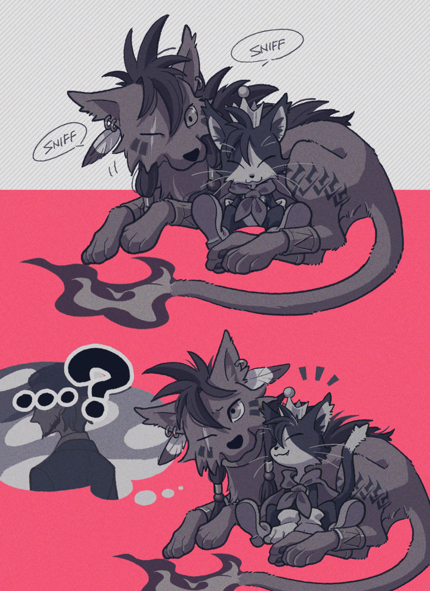 1boy ? animal bangle beads body_markings boots bracelet cait_sith_(final_fantasy) cape cat coffinsmokes crown cuddling dual_persona earrings facial_hair facial_mark fang fang_out feather_hair_ornament feathers final_fantasy final_fantasy_vii final_fantasy_vii_rebirth final_fantasy_vii_remake flame-tipped_tail full_body gloves goatee hair_beads hair_ornament highres jewelry leg_tattoo mini_crown monochrome pink_background red_xiii reeve_tuesti scar scar_across_eye scar_on_face sidelocks single_earring smelling tattoo white_gloves