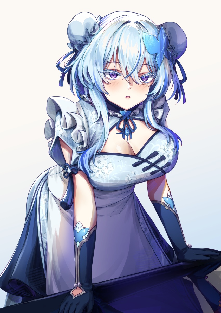 1girl absurdres alternate_costume alternate_hairstyle blue_dress blue_gloves blue_hair blue_ribbon blush breasts bun_cover butterfly_hair_ornament chinese_clothes cleavage colored_eyelashes commentary double_bun dress english_commentary enmaided flareza gloves gradient_background hair_between_eyes hair_bun hair_ornament hair_ribbon highres large_breasts leaning_forward long_hair looking_at_viewer maid parted_lips purple_eyes ribbon shorekeeper_(wuthering_waves) solo wuthering_waves
