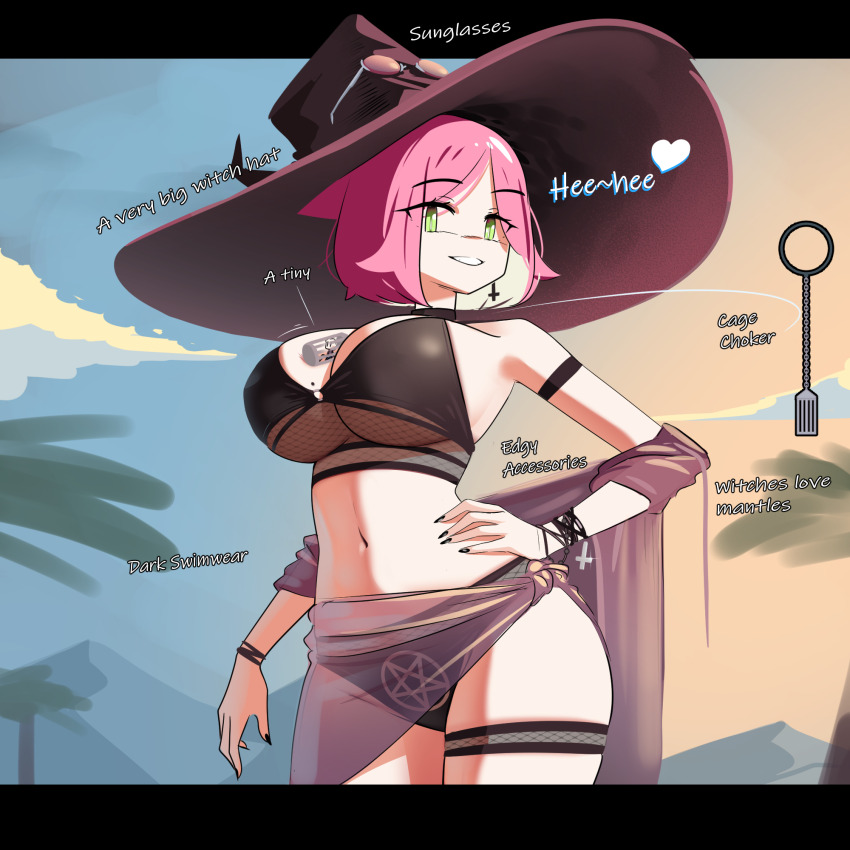 1girl arm_strap beach bikini black_bikini black_choker black_nails blonde_hair breasts cage cage_choker choker cleavage collarbone colored_inner_hair commentary cowboy_shot english_commentary eyewear_on_headwear fingernails green_eyes grin hand_on_own_hip hat heart highres in_cage inverted_cross_earrings iwillsunder large_breasts long_fingernails looking_at_viewer mini_person miniboy multicolored_hair navel original pink_hair purple_sarong rhea_(iwillsunder) sarong see-through_clothes see-through_sarong sideboob sitting size_difference smile solo_focus standing stomach sunglasses swimsuit thigh_strap underboob witch witch_hat