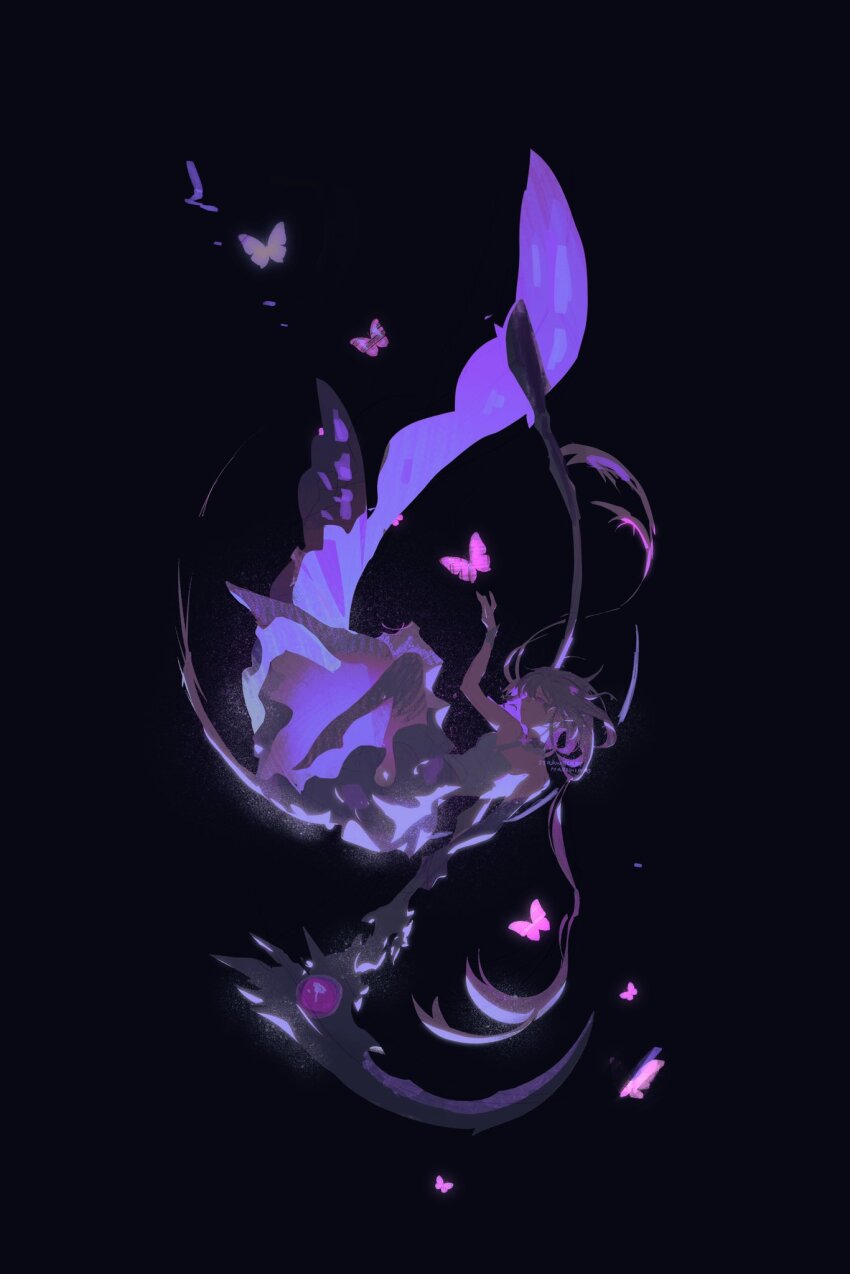 1girl bare_shoulders black_background bug butterfly butterfly_ornament castorice_(honkai:_star_rail) commentary dress falling glowing grey_dress grey_hair hand_up highres holding holding_scythe honkai:_star_rail honkai_(series) insect insect_wings legs_up long_hair multicolored_hair pink_butterfly purple_butterfly purple_eyes purple_hair sberrymacchiato scythe simple_background sleeveless sleeveless_dress solo treble_clef twintails two-tone_hair wings