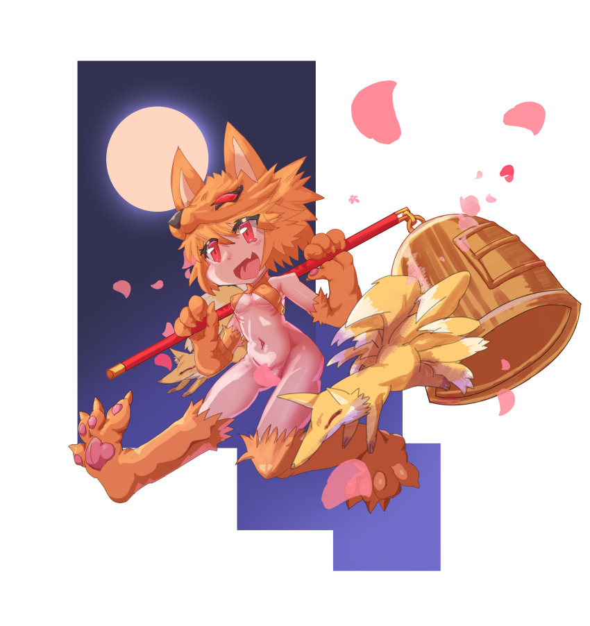1girl :d absurdres animal_feet animal_hands bell blonde_hair blush bottomless bra commentary_request commission convenient_censoring covered_erect_nipples criss-cross_halter fang fox fox_girl fox_hat full_body full_moon halterneck highres holding holding_staff jumping kitsune moon moonlight_flower navel nine_tail_(ragnarok_online) open_mouth petals pixiv_commission ragnarok_online red_eyes short_hair skin_fang smile solo staff underwear xtoril yellow_bra