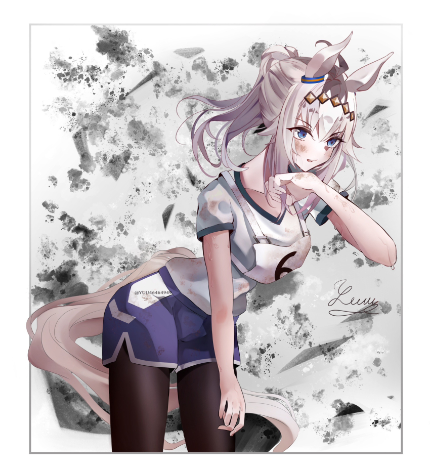 1girl ahoge animal_ears artist_name black_pantyhose blue_eyes blue_shorts commentary cowboy_shot dirty dirty_clothes dirty_face ear_ornament frown grey_hair gym_shirt gym_shorts hair_ornament hand_on_own_thigh highres kasamatsu_tracen_training_uniform leaning_forward looking_to_the_side medium_hair open_mouth pantyhose pantyhose_under_shorts ponytail race_bib shirt short_sleeves shorts signature solo standing sweat t-shirt twitter_username white_shirt yuu46464949