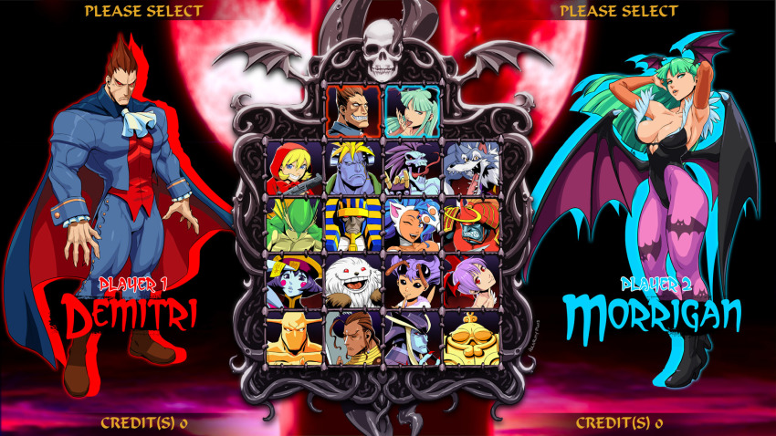 6+boys 6+girls alien anakaris animal_hands armpits rikuo_(darkstalkers) bat_wings bishamon_(darkstalkers) blunt_bangs breasts b.b._hood capcom cape character_name character_select cleavage commentary demitri_maximoff demon_girl donovan_baine elemental_(creature) energy energy_being english_commentary english_text everyone fake_screenshot felicia_(darkstalkers) fire fire_elemental jon_talbain green_eyes green_hair head_wings highleg highleg_leotard highres jedah_dohma large_breasts hsien-ko leotard lilith_(darkstalkers) long_hair morrigan_aensland multiple_boys multiple_girls no_pupils pantyhose huitzil_(darkstalkers) plasma pointy_hair polarityplus portrait purple_legwear pyron q-bee red_eyes sasquatch_(darkstalkers) straight_hair strapless strapless_leotard vampire darkstalkers victor_von_gerdenheim wings lord_raptor