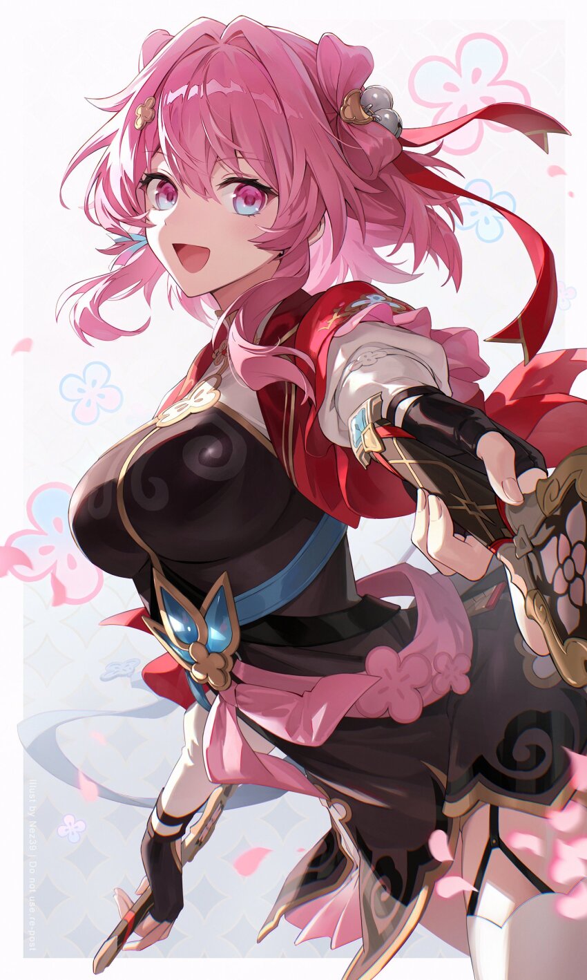 1girl absurdres aiming aiming_at_viewer bell belt black_dress blue_belt breasts chinese_clothes cowboy_shot dress falling_petals fingerless_gloves from_side gloves grey_background high_belt highres honkai:_star_rail honkai_(series) jacket jingle_bell large_breasts looking_at_viewer march_7th_(honkai:_star_rail) march_7th_(hunt)_(honkai:_star_rail) medium_hair multicolored_eyes nez39 official_alternate_costume official_alternate_hairstyle open_mouth petals pink_eyes pink_hair pink_pupils short-sleeved_jacket short_sleeves shuangyaji solo sublime two-tone_eyes white_background