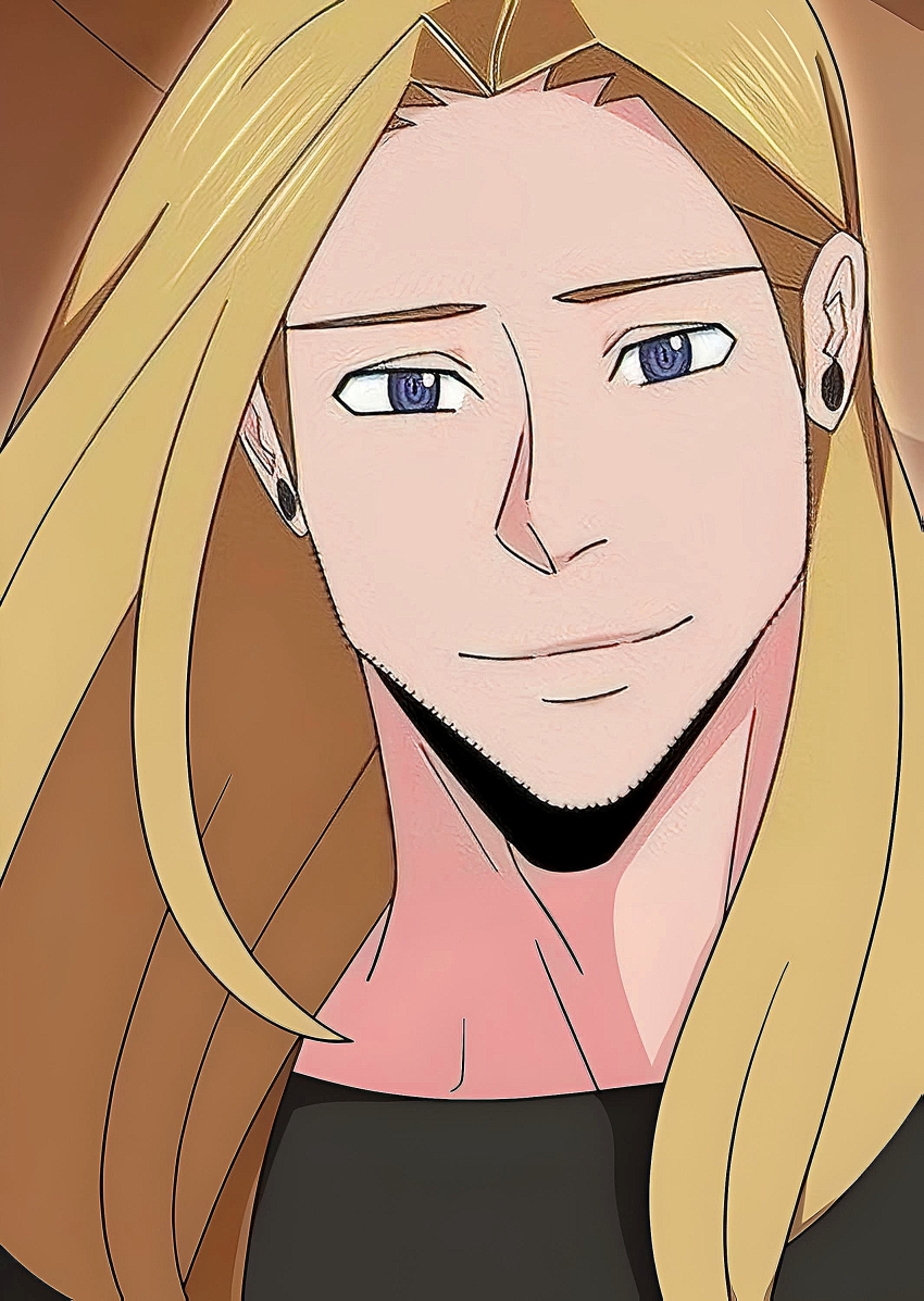 1boy absurdres black_shirt blonde_hair blue_eyes highres hudson_link let&#039;s_play:_quest-darake_no_my_life long_hair looking_at_viewer male_focus shirt smile upper_body