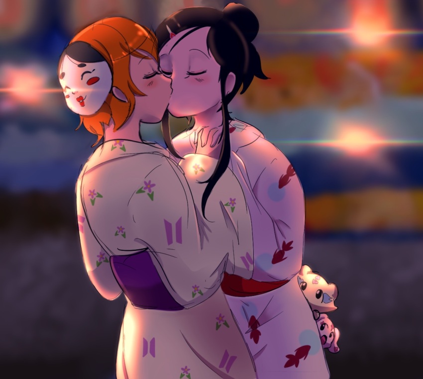 2girls asikku black_hair closed_eyes couple futari_wa_precure hair_bun hair_ornament hair_stick japanese_clothes kimono mask mepple mipple misumi_nagisa multiple_girls obi orange_hair pink_kimono precure sash summer_festival yellow_kimono yukata yukishiro_honoka yuri