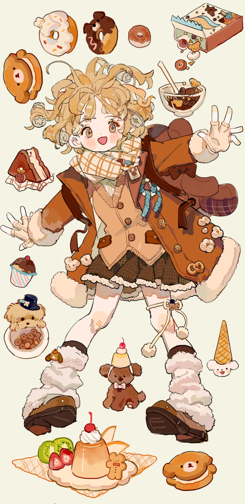 1girl :d backpack bag bagel bandaid bandaid_on_leg blonde_hair blush blush_stickers brown_coat brown_eyes brown_shoes brown_skirt brown_theme buttons cake cake_slice candy cherry chocolate coat cookie cupcake curly_hair dog donut fashion fingerless_gloves food frills fruit full_body fur-trimmed_coat fur_trim gloves hat highres ice_cream ice_cream_cone icing kiwi_(fruit) kiwi_slice loafers long_sleeves looking_at_viewer loose_socks mini_hat mini_top_hat open_mouth orange_(fruit) orange_slice original outstretched_arms plaid_clothes plaid_scarf plaid_skirt plate pleated_skirt pom_pom_(clothes) pudding putong_xiao_gou scarf shoes short_hair simple_background skirt smile socks solo spread_arms sprinkles strawberry strawberry_slice stuffed_animal stuffed_toy sweater_vest teddy_bear top_hat whipped_cream white_socks yellow_background