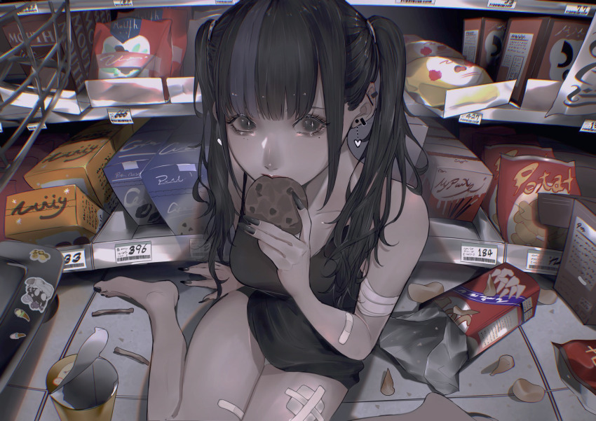1girl absurdly_detailed_composition aisle bandaged_arm bandages bandaid bandaid_on_arm bandaid_on_thigh barbell_piercing bare_shoulders barefoot black_camisole black_eyes black_hair black_nails breasts camisole chips_(food) collarbone commentary cookie earclip earrings eating eyelashes fingernails food food_packaging gauze gauze_on_thigh grey_streaks grocery_store heart heart_earrings highres holding holding_cookie holding_food indoors jewelry loaded_interior long_fingernails long_hair looking_at_viewer mano_aaa medium_breasts mole mole_under_each_eye mole_under_eye multicolored_hair multiple_moles nail_polish original piercing potato_chips shelf shopping_cart sitting solo streaked_hair toenail_polish toenails twintails wariza