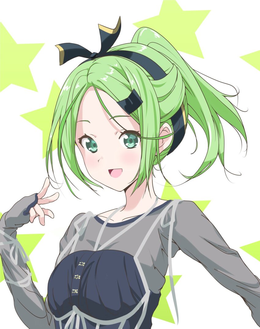 1girl 22/7 :d ato_de_wakaru_koto black_dress black_hairband collarbone dress green_eyes green_hair hair_ornament hairband hairclip hand_up high_ponytail highres kiryu_touko long_sleeves looking_at_viewer matsubokkurin227 open_mouth ponytail see-through_clothes see-through_dress smile solo star_(symbol) star_symbol_background upper_body white_background