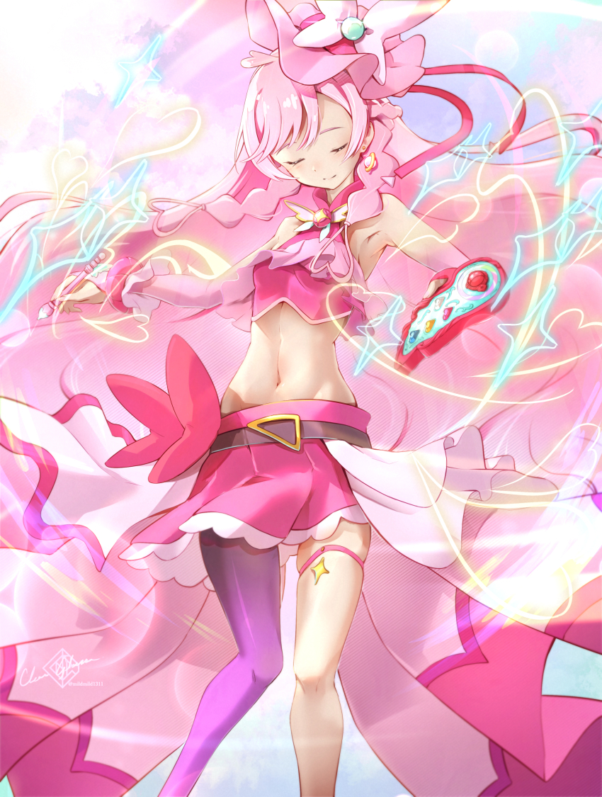 1girl artist_name asymmetrical_legwear bare_shoulders clear_glass_(mildmild1311) closed_eyes commentary_request cosplay crop_top cure_butterfly cure_butterfly_(cosplay) cure_prism earrings eyelashes hair_ornament happy highres hirogaru_sky!_precure jewelry light_blush long_hair magical_girl midriff navel nijigaoka_mashiro pantyhose pink_hair pink_pantyhose pink_skirt pink_top precure signature single_leg_pantyhose skirt smile solo standing thigh_strap twitter_username