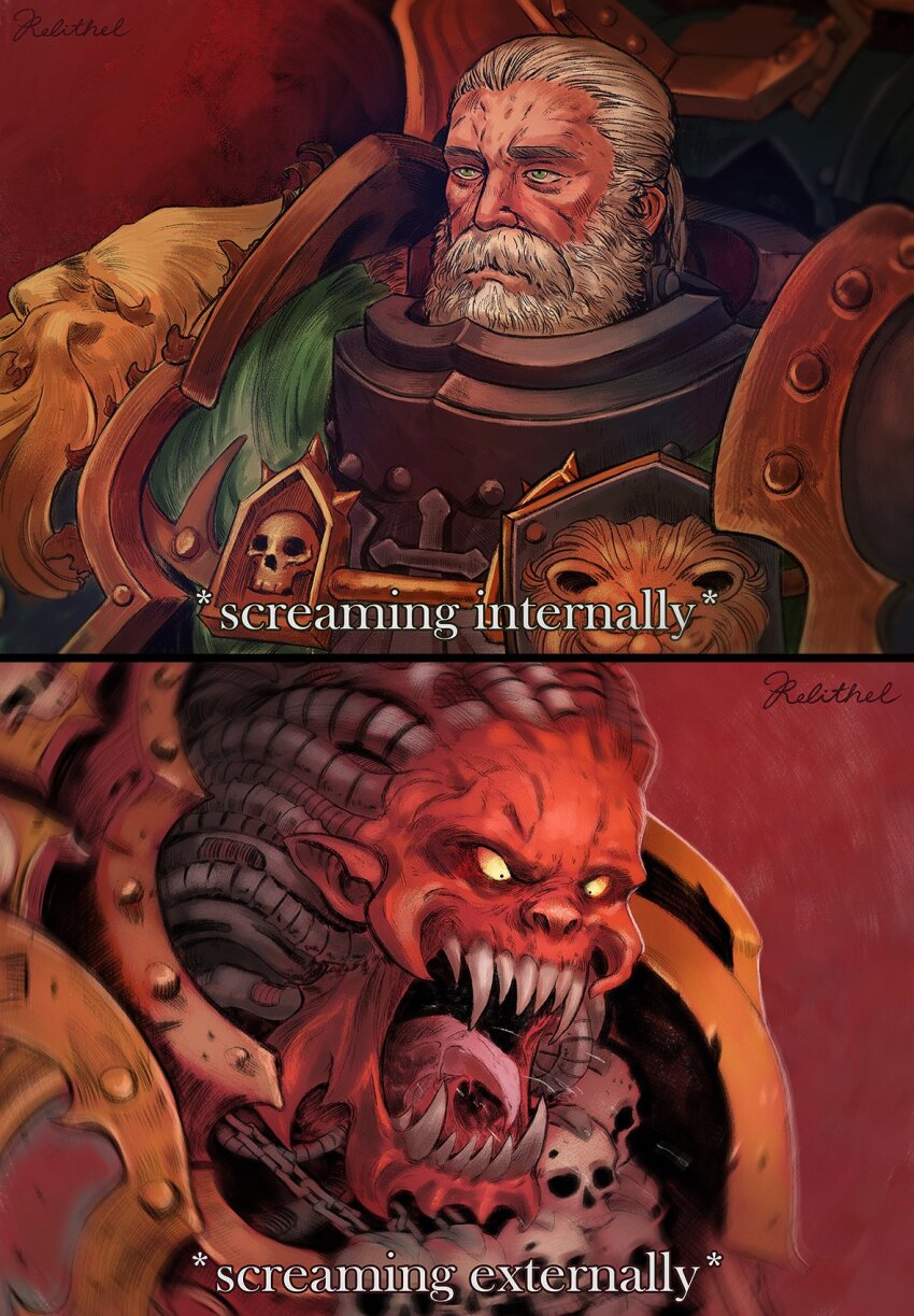 2boys angron armor artist_name beard brothers chain chaos_(warhammer) closed_mouth colored_sclera colored_skin commentary dark_angels demon english_commentary english_text facial_hair flying_spittle green_eyes grey_hair highres lion_el&#039;jonson lion_head_(ornament) male_focus multiple_boys mustache old old_man open_mouth pointy_ears power_armor primarch red_eyes red_skin relithel sharp_teeth short_hair shoulder_armor siblings skull skull_ornament teeth tongue tube warhammer_40k world_eaters yellow_sclera
