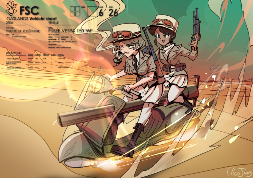 2girls bolt_action cigarette cold_war desert france french_army gun hat highres josephine_leclerc kepi mas-36 mas-38 military military_hat military_uniform military_vehicle motor_vehicle multiple_girls nico_jiang original pleated_skirt rifle rocket_launcher sand scooter self-upload skirt submachine_gun vespa vespa_150_tap we_love_cold_war weapon white_skirt yvette_de_castelnau