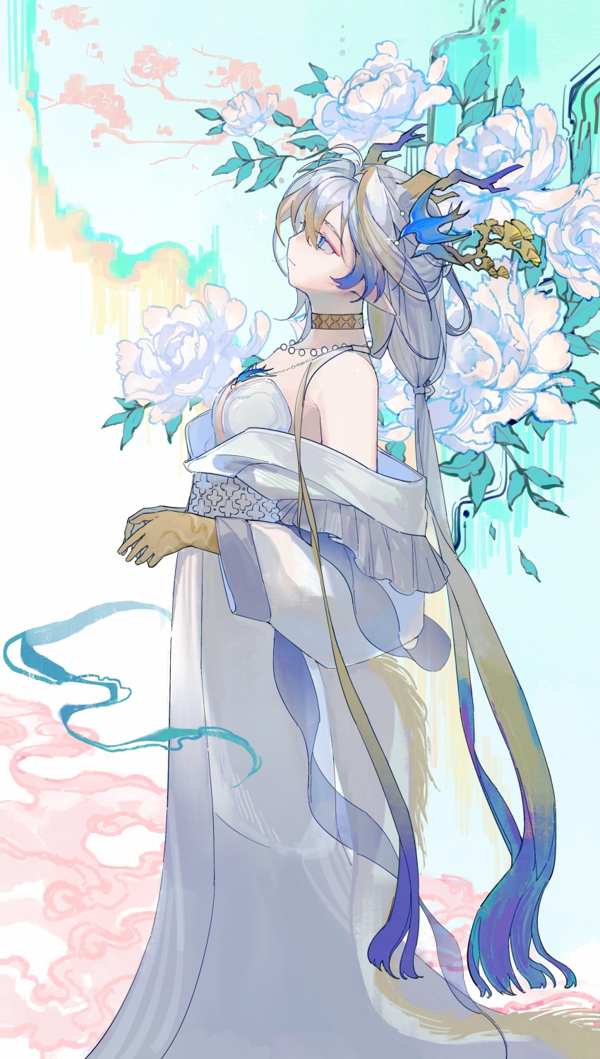 1girl absurdres ambience_synesthesia antlers arknights bare_shoulders blonde_hair blue_eyes blue_hair breasts chinese_hairpin chinese_peony choker closed_mouth dress flower from_side full_body gloves gradient_hair grey_hair hair_ornament hair_rings hair_stick highres horns jewelry long_hair low-tied_long_hair multicolored_hair necklace off-shoulder_dress off_shoulder own_hands_together peony_(flower) pointy_ears profile shawl shu_(arknights) shu_(bingwenyuyou)_(arknights) solo standing very_long_hair white_dress white_flower yezhi_dun_luobei