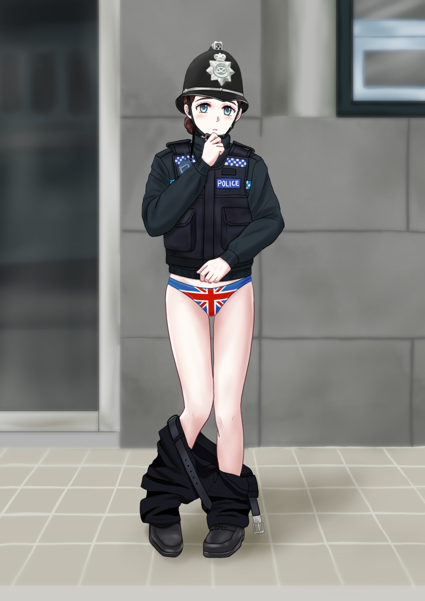 1girl bad_id bad_pixiv_id belt black_shoes blue_eyes brown_hair chin_strap clothes_pull custodian_helmet embarrassed flag_print hat helmet highres jacket original panties pants pants_pull piiiiiko police police_hat police_uniform policewoman radio shoes simple_background solo underwear uniform_vest union_jack united_kingdom vest