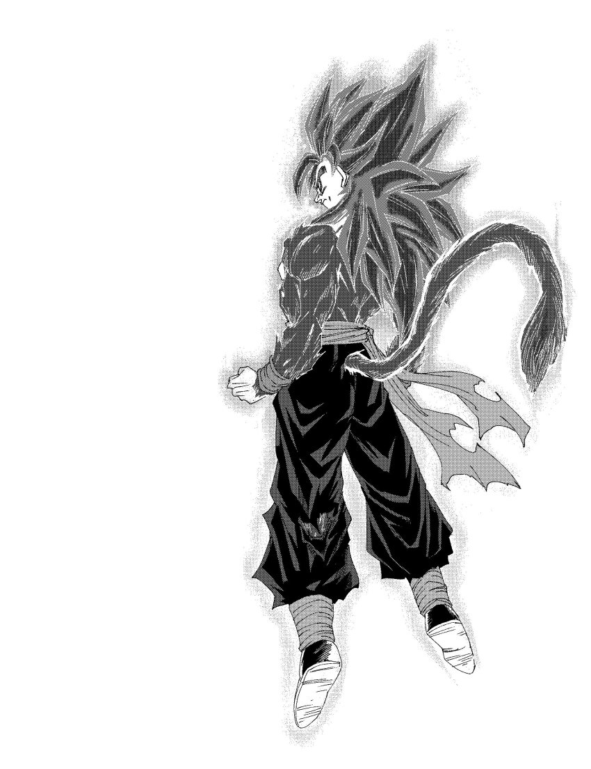 absurdres blue_sash body_fur closed_mouth dragon_ball dragon_ball_heroes fenyon gogeta gogeta_(xeno) highres long_hair male_focus monkey_boy monkey_tail muscular muscular_male pants pectorals red_fur red_hair saiyan sash spiked_hair super_full_power_saiyan_4_limit_breaker super_saiyan super_saiyan_4 tail time_patrol_(dragon_ball)