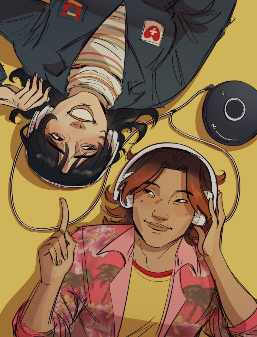 1boy 1girl anya_(mouthwashing) black_eyes black_hair brown_hair cd_player commentary daisuke_(mouthwashing) dark-skinned_male dark_skin ditzyblues english_commentary headphones highres index_finger_raised lying mole mole_under_eye mouthwashing on_back pink_shirt shirt smile yellow_background