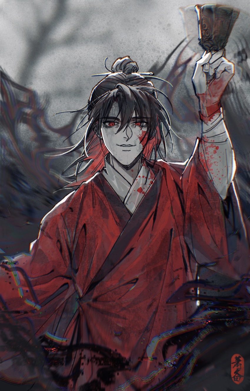 1boy bags_under_eyes bandaged_arm bandages bell black_hair black_smoke blood blood_on_arm blood_on_clothes blood_on_face blood_on_hands bloody_bandages blurry chinese_clothes chinese_commentary chromatic_aberration colored_smoke creature dao_gui_yi_xian hair_between_eyes hair_bun hair_ornament hair_stick half_updo hand_up hanfu highres holding holding_bell li_huowang limited_palette long_hair long_sleeves looking_at_viewer male_focus parted_lips red_eyes red_hanfu red_light robe seal_impression single_hair_bun smile smoke solo upper_body wide_sleeves xbwuj you_laoye