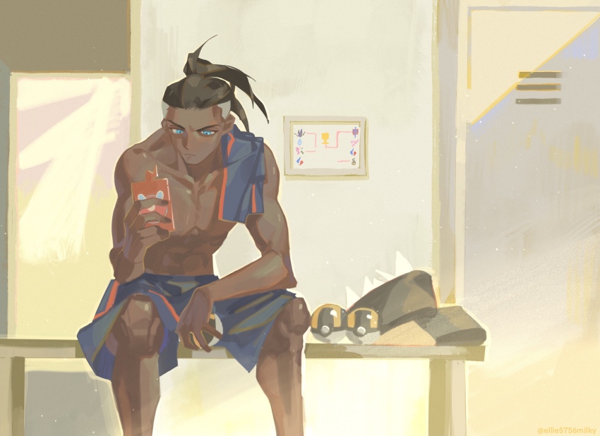 1boy bench blue_eyes blue_shorts closed_mouth collarbone commentary_request dark-skinned_male dark_skin ellie_niunai_zhuyi_zhe gen_4_pokemon highres holding holding_phone holding_poke_ball indoors locker looking_down male_focus nintendo phone poke_ball pokemon pokemon_swsh raihan_(pokemon) rotom rotom_phone short_hair shorts sitting slice_of_life topless_male ultra_ball undercut