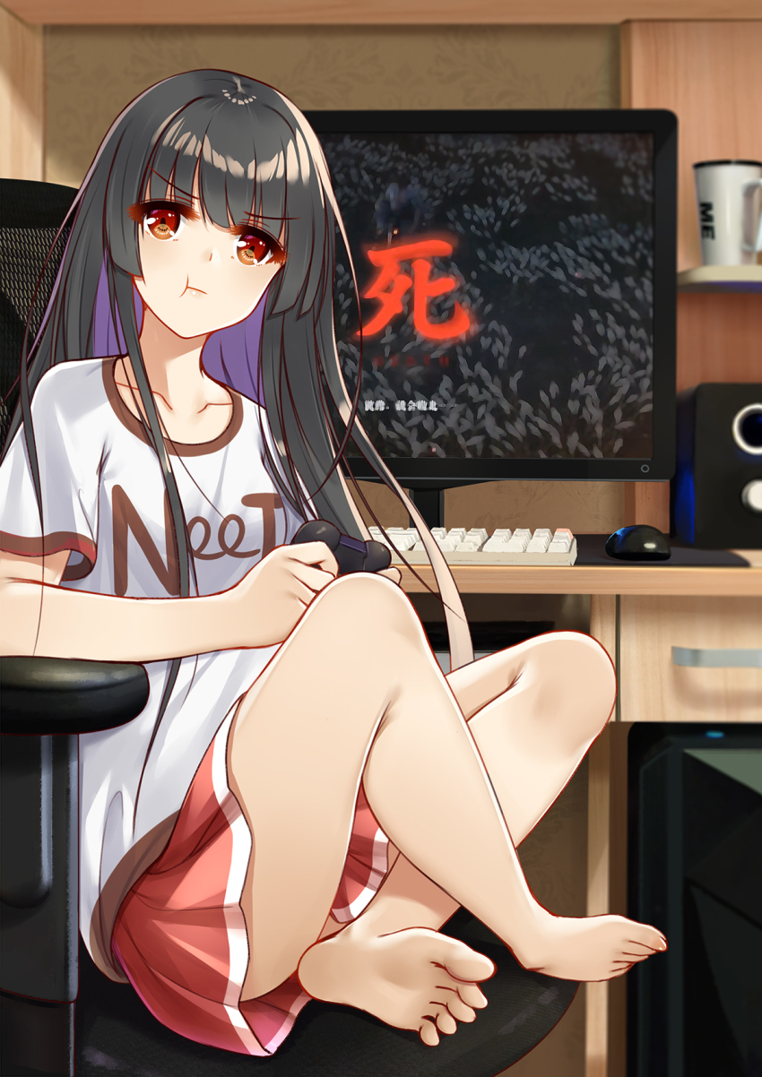 1girl :t alternate_costume barefoot black_hair blunt_bangs breasts chair closed_mouth collarbone controller crossed_ankles desk feet flan_(seeyouflan) highres holding holding_controller houraisan_kaguya indoors computer_keyboard long_hair looking_at_viewer monitor computer_mouse neet pout red_eyes red_skirt shirt short_sleeves sitting skirt small_breasts soles solo toes touhou v-shaped_eyebrows very_long_hair white_shirt