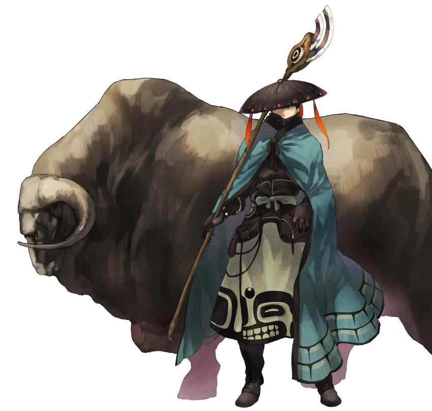 1boy amano_hana animal boots cloak fantasy hat highres male_focus original solo staff water_buffalo